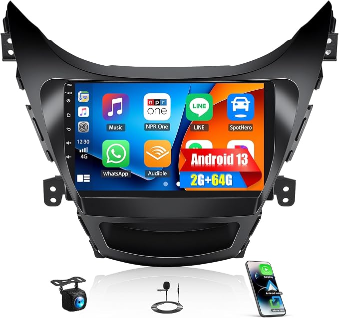Android 2G+64G Car Radio for Hyundai Elantra 2011 2012 2013 Car Stereo 9 Inch HD 1080P Touch Screen Upgrade with Carplay Android Auto Mirror Link GPS Navigation WiFi FM RDS Backup Camera SWC
