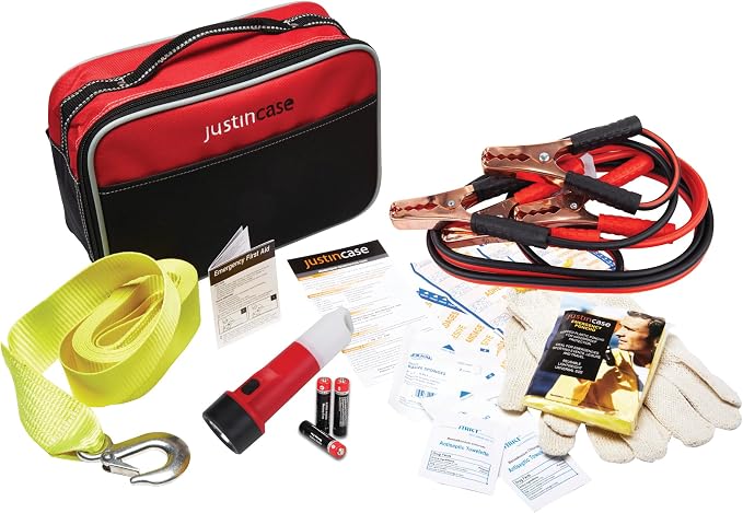 Travel Pro Emergency Roadside Kit - Compact Car Safety Set with Jumper Cables, Tow Strap, Flashlight, Gloves, First Aid Kit & 1-Year Free Roadside Assistance