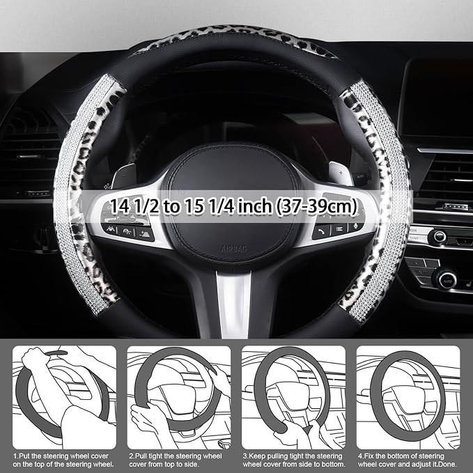 Leopard Steering Wheel Cover - Bling Crystal Rhinestones Cheetah Print on Leather Non-Slip Breathable Design for Women/Girls Universal Fit 14.5-15 Inch(Black & Silver)