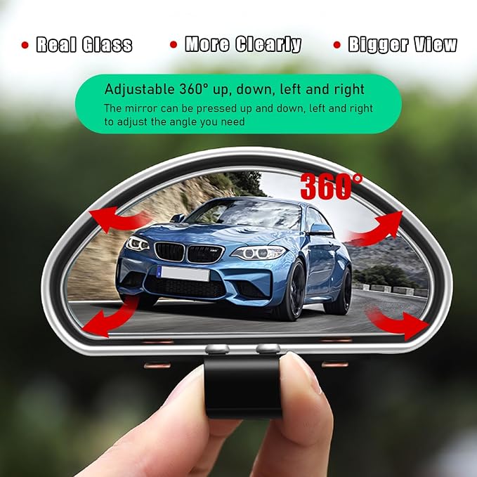 360 Rotation Convex Wide Angle Blind Spot Mirror, Auxiliary Rearview, Auto Snap Clip On Side Mirror - Universal for Car, Truck, SUV (Silver)