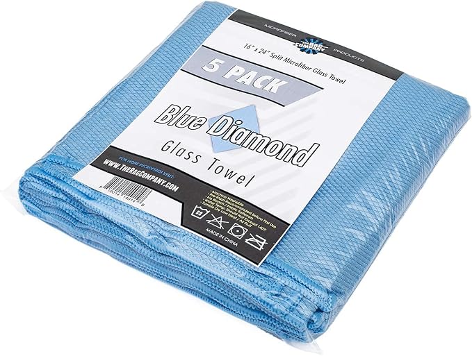 Diamond Weave Glass & Window - Detailing Towels to Polish Mirrors & Chrome, Snakeskin Like Texture, Lint-Free, Streak-Free, 280gsm, 16in. x 24in, Light Blue (5-Pack)