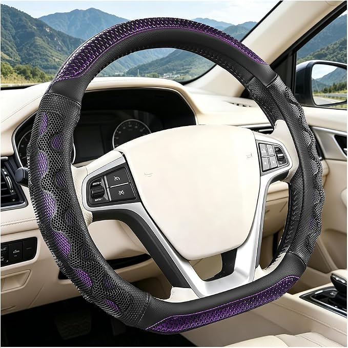 D-Shaped Car Steering Wheel Cover, 14.5-15" Anti-Slip Steering Wheel Protector with 3D Honeycomb Massage Grip, Comfortable Sporty Auto Interior Decor Accessories, Universal Fit (Black/Purple)
