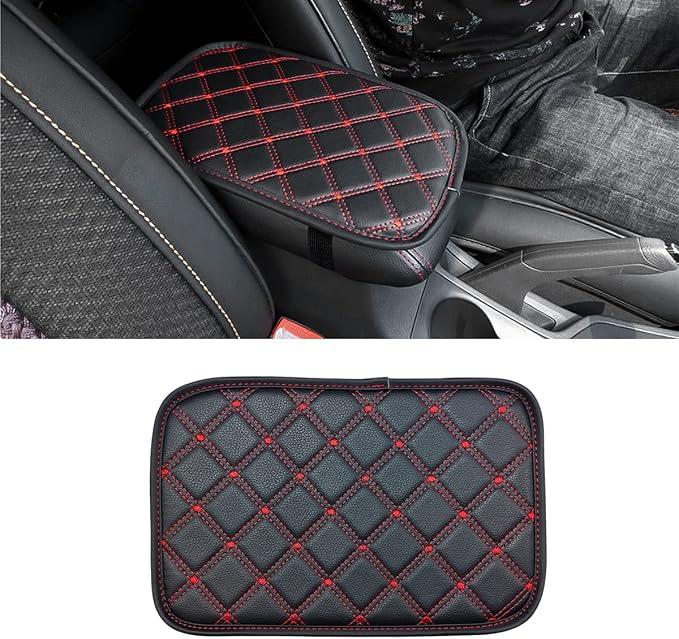Car Leather Center Console Cushion Pad, 11.4"x7.4" Waterproof Armrest Seat Box Cover Fit for Cars, Vehicles, SUVs, Comfort, Car Interior Protection Accessories (Black/Red-2)
