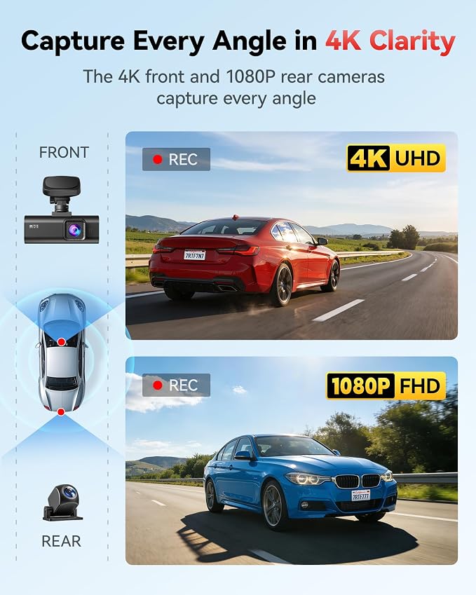 F7N-N 4K Dash Cam Front and Rear, 5.8GHz WiFi-20 MB/s Fast Transfer Dashcam, 2160P/FHD Car Camera with GPS Tracking, 3.18" Screen, WDR Night Vision, 170° Wide Angle, 24H Parking Mode