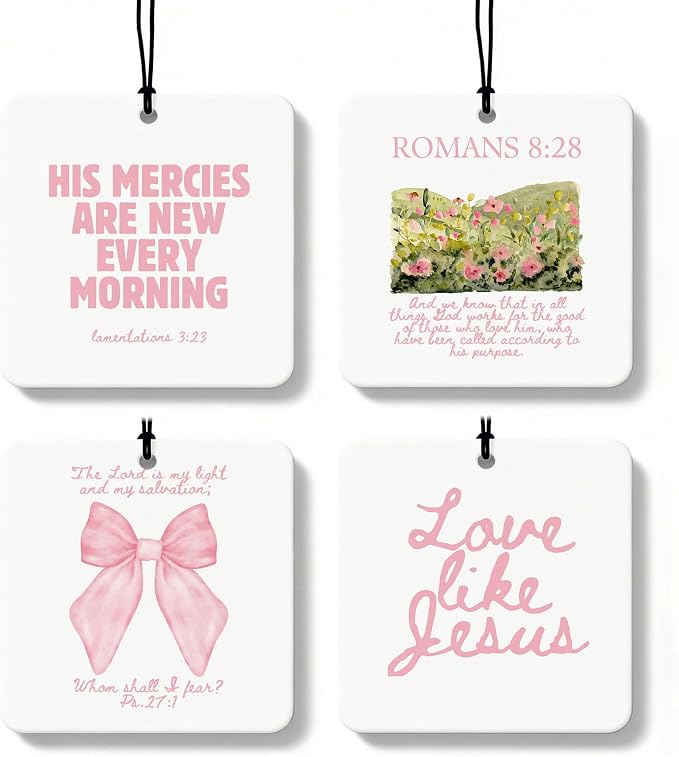 Pink Christian Car Air Freshener 4 Pcs, Coquette Pink Bow Bible Verse Religious Hanging Air Freshener for Cars Closet Drawer Books, Cute Christian Car Accessories Mirror Decor for Women