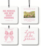 Pink Christian Car Air Freshener 4 Pcs, Coquette Pink Bow Bible Verse Religious Hanging Air Freshener for Cars Closet Drawer Books, Cute Christian Car Accessories Mirror Decor for Women