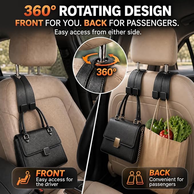 Car Headrest Hooks, 2 Pack 360° Rotating Double Hooks with Leather-Wrapped Metal Core, Heavy Duty Seat Back Purse Holder for Handbags, Grocery Bags and Backpacks, Black