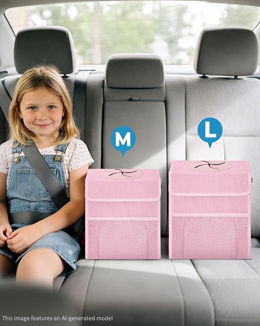 Corduroy Car Trash Can with Lid and Mesh Pockets - Leakproof Organizer,Multipurpose Waterproof Garbage Can/Trash Bin for Car(Light Pink-2 Gallons)
