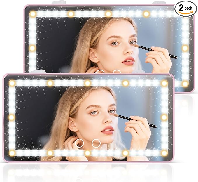 2PCS Car Sun Visor Vanity Mirror - Rechargeable Makeup Mirror with 60 LEDs, 3 Light Modes & Dimmable Touch Control for Cars, Trucks, SUVs, Car Interior Accessories for Women (Pink)