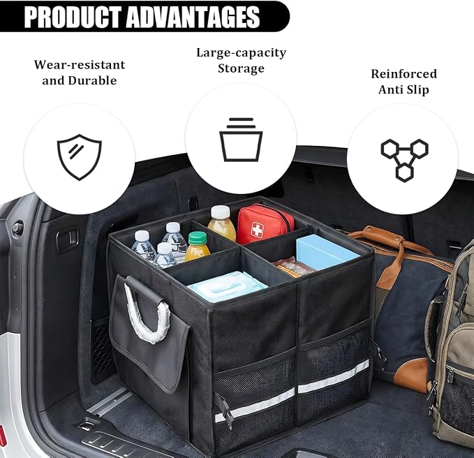 Car Trunk Organizer with Lid, Multi-Compartment Waterproof Vehicle Trunk Storage Box with Reinforced Handle, Foldable Automotive Cargo Container Organizer, Universal for Vehicles