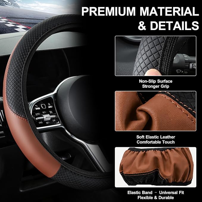 Car Steering Wheel Cover, 15 inch Carbon Fiber Microfiber Anti-Slip Breathable PU Leather Elastic Steering Wheel Protector, Car Interior Accessories for Most Cars (AD-Brown)