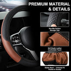 Car Steering Wheel Cover, 15 inch Carbon Fiber Microfiber Anti-Slip Breathable PU Leather Elastic Steering Wheel Protector, Car Interior Accessories for Most Cars (AD-Brown)
