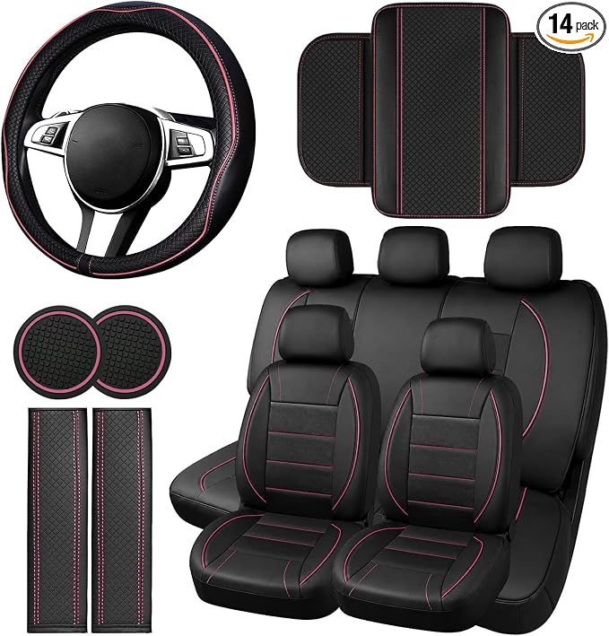 14 PCS Leather Car Seat Covers Full Set, 14.5”-15'' Sporty Steering Wheel Cover Universal, Center Console Cover, Seat Belt Cushion, Cup Holder Coaster, Car Interior Set Pink