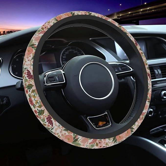 Burgundy Flowers Car Steering Wheel Cover for Women Men, Non-Slip Steering Wheel Protector, Universal 14"-15" Fit for Cars, SUVs, Trucks (Burgundy Flowers)