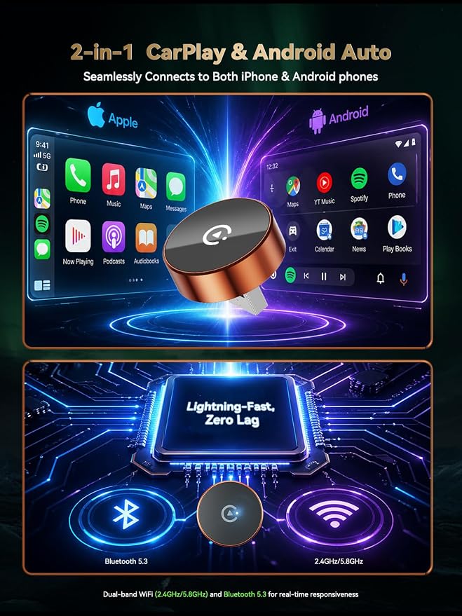 2026 Wireless CarPlay & Android Auto Adapter, 2-in-1 Mini Adapter for iPhone & Android, for USB-A/USB-C, Plug & Play, Fast Auto Reconnect, Low Latency