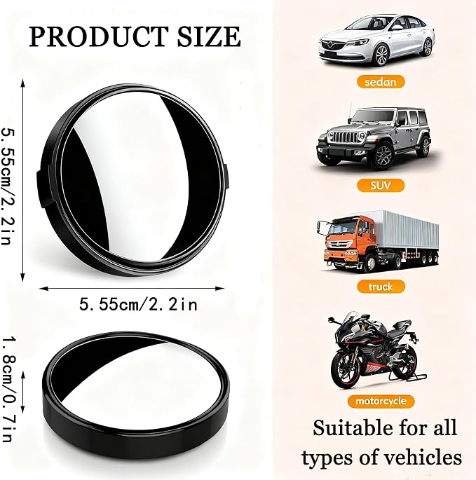 Blind Spot Mirrors 2 Pack, HD Glass Convex Blindspot Mirror with Vacuum Suction Cup, Side Mirror Blindspot with Wide Angle Adjustable for Cars, SUVs, Trucks, and Motorcycles