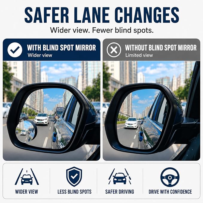 Frameless Car Blind Spot Mirror 2 Pack - Premium Convex HD Glass Round Side Blind Spot Mirrors with Wide Angle View, Eliminate Blind Zones & Parking Assistance for Safe Driving
