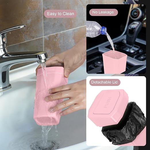 Car Trash Can with Lid - Mini Car Garbage Can Bin for Cup Holder - Pink Small Leakproof Vehicle Trash Bin for Back Seat, Cute Automotive Accessories Organizers and Storage for Door SUV Truck