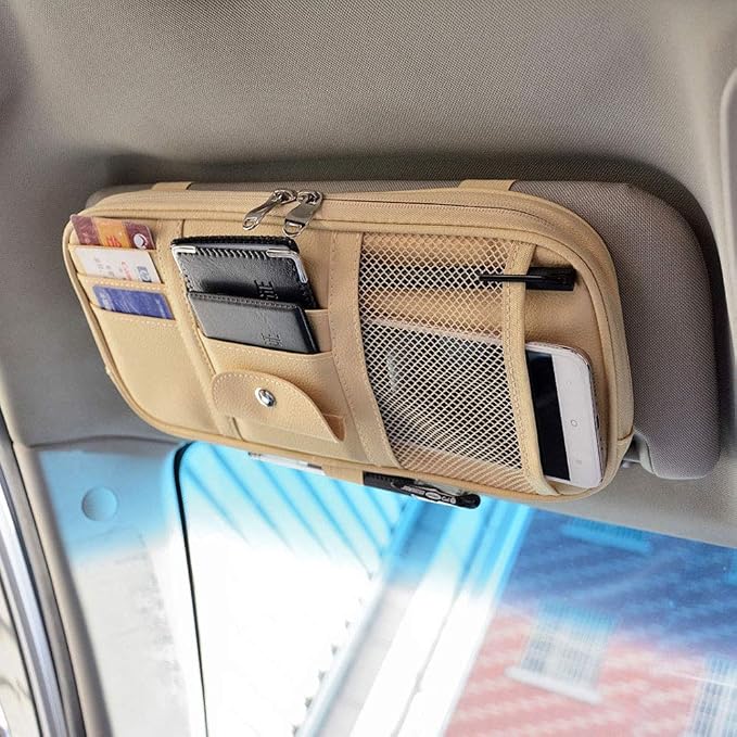 Car Sun Visor Organizer, Multi-Pocket Visor Organizer Storage Pouch for Cars, SUVs & Trucks with Double Zippers, Elastic Bands & Glasses Clip- Organizes Essentials Keep Tidy (Beige Light Yellow)