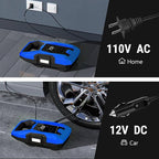 AC/DC Tire Inflator Portable Air Compressor, Dual Power for Home 110V AC and Car 12V DC Air Pump with Pressure Gauge, Auto Shutoff, Tire Pump for Car Motorcycle Bike and Other Inflatables, Blue
