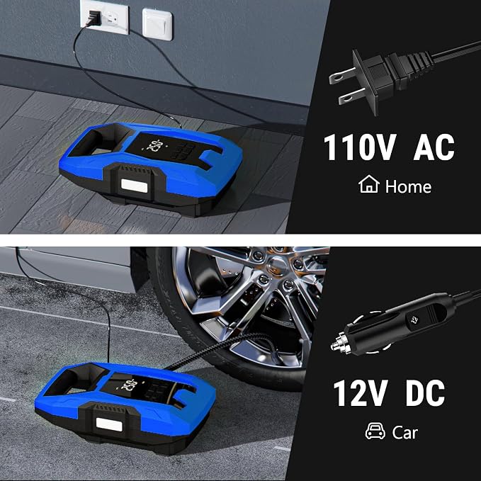 AC/DC Tire Inflator Portable Air Compressor, Dual Power for Home 110V AC and Car 12V DC Air Pump with Pressure Gauge, Auto Shutoff, Tire Pump for Car Motorcycle Bike and Other Inflatables, Blue