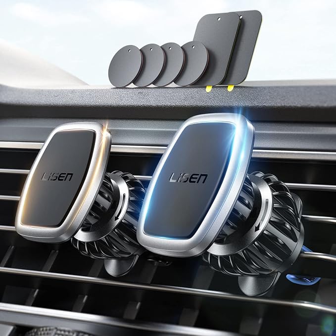 2 Pack Magnetic Phone Holder for Your Car - 6 Military Magnets Vent Cell Phone Mount (Silver)