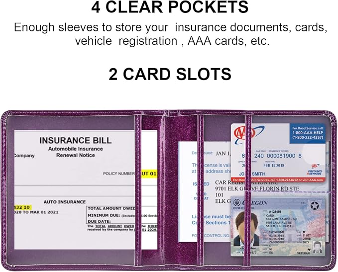 Car Registration and Insurance Holder, Vehicle Glove Box Car Organizer Men Women Wallet Accessories Case for Cards, Essential Document, Driver License, Bling Purple