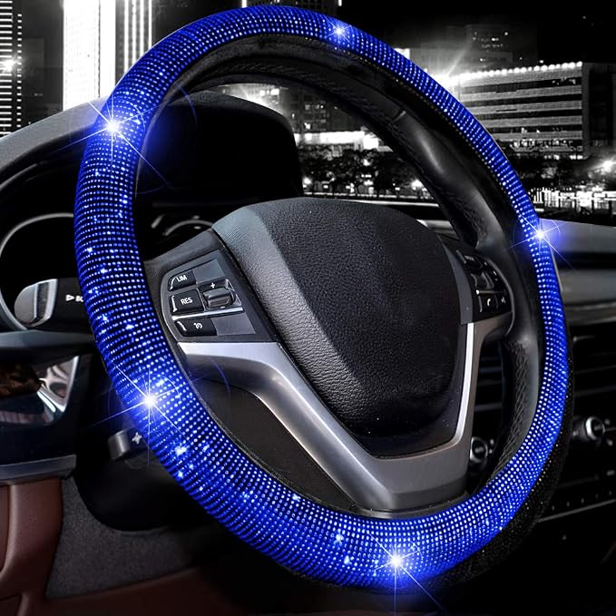 Steering Wheel Cover for Women Men Bling Bling Crystal Diamond Sparkling Car SUV Wheel Protector Universal Fit 15 Inch (Black with Blue Diamond,Standard Size(14" 1/2-15" 1/4))