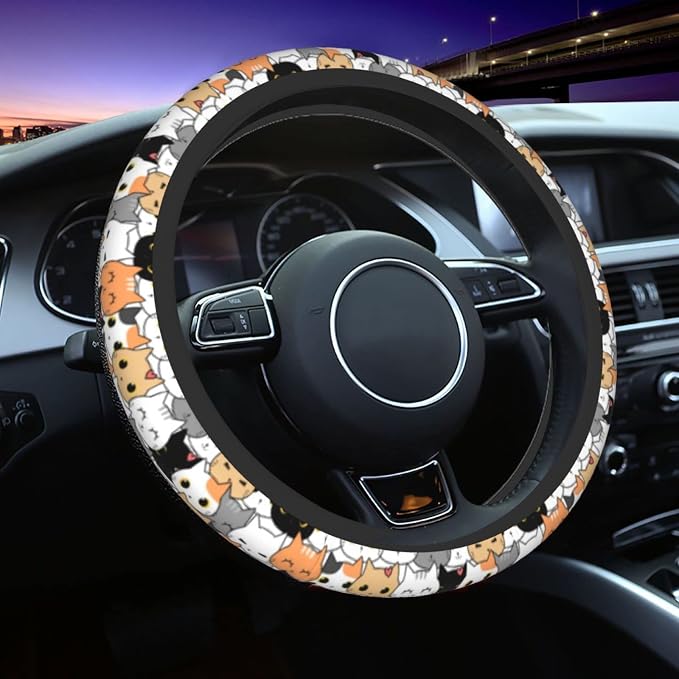 Cat Steering Wheel Cover for Women Men with 2 Pcs Car Coasters, Universal 14.5-15 Inch Cute Steering Wheel Covers Non-Slip Car Accessories for Girls