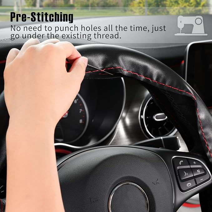 Genuine Leather Steering Wheel Cover, Stitch On Wrap, 15 Inch Steering Wheel Wrap for Car Truck SUV Pickup Boat, DIY Sewing with Needle Thread, Black with Red Thread