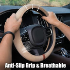 Universal Car Steering Wheel Cover for Summer, Non-Slip Breathable Cooling Steering Wheel Cover Protector with Brown Mark Upgraded Silicone Inner Ring for Summer D Shape & Round Shape, Khaki