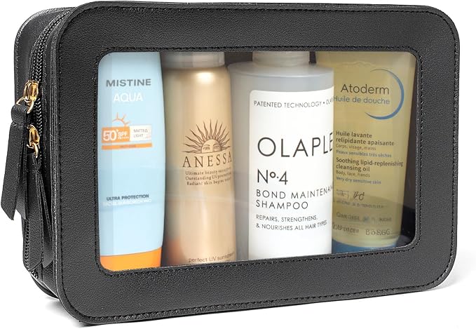 Clear Beach Makeup Bags, TSA Approved Toiletry Bag with Zipper, Clear Makeup Organizer Fit Carry-on Travel Car Accessories Essentials,Portable Travel Small Pouch for Women Men (Black)