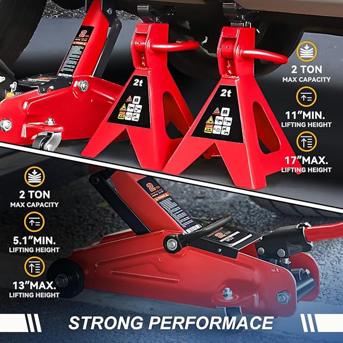 2 Ton (4000 lbs) Capacity Floor Jack Low Profile Garage Hydraulic Trolley Service Lift Floor Jack Combo with Ratchet Jack Stands for SUV, Car and Truck, Red