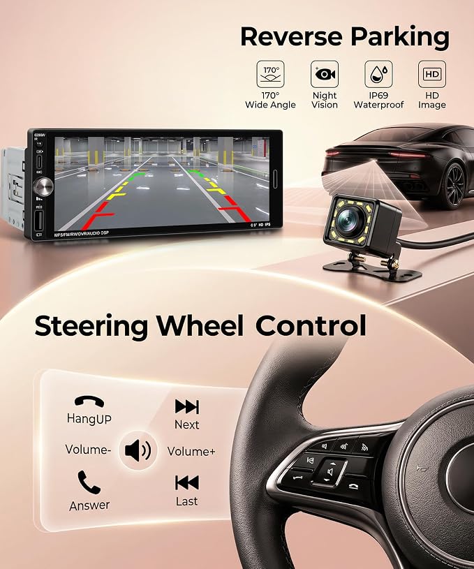 Single Din Car Radio Stereo Wireless Carplay & Android Auto, 6.9" HD IPS Touch Screen Radio, Bluetooth 5.2 Car Audio Receiver, Mirror Link, SWC, 1 Din Stereo with Backup Camera, FM/EQ/USB/Type-C