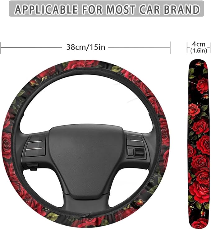 14-15 in Car Steering Wheel Cover Stretch-on Comfortable Grip | Universal Fit Most Car Sedans SUVs, Red Rose Print, Breathable Steering Wheel Protector
