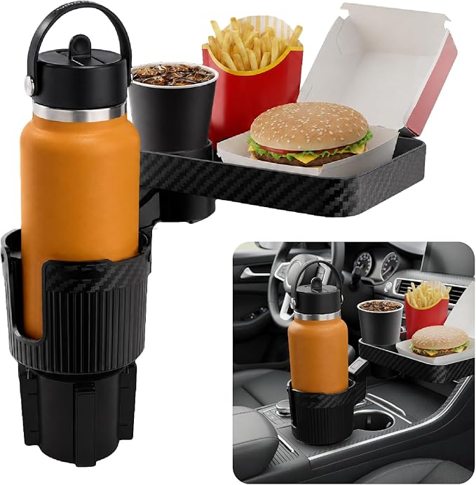 Upgraded Car Cup Holder Tray, 3 in 1 Car Cup Holder Expander Adapter, 360° Rotating Detachable 10.5" Car Food Tray Table for Eating, Road Trip Essentials, Fits Yeti/Hydro Flask 16–46oz