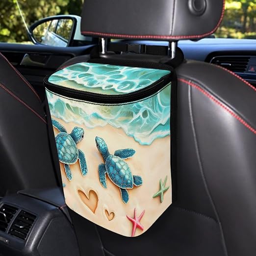 Turtle Starfish Heart Beach Print Car Trash Can with Lid, Leak Proof Auto Trash Bag Hanging Vehicle Garbage Can Multipurpose Storage Container for Back Seat Road Trip