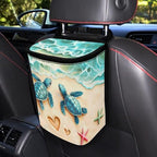 Turtle Starfish Heart Beach Print Car Trash Can with Lid, Leak Proof Auto Trash Bag Hanging Vehicle Garbage Can Multipurpose Storage Container for Back Seat Road Trip
