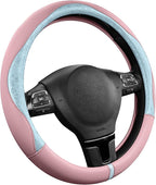 Steering Wheel Cover, Light Blue Patterned & Pink Leather Patchwork Design, Universal Fit 14.5"–15.5", Anti-Slip, Odor-Free, Soft Grain Leather, Durable Grip Car Accessory for Girls & Women
