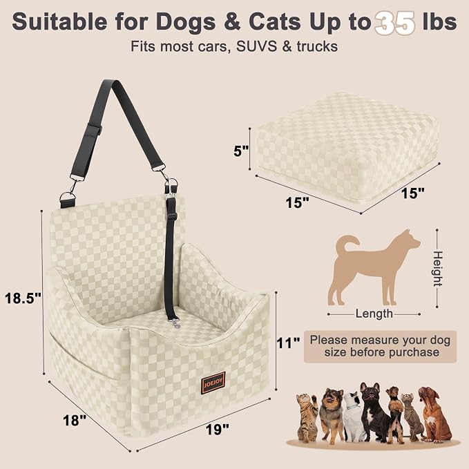 Elevated Dog Car Seat for Small/Medium Dogs up to 35 lbs, Memory Foam Booster Seat with Detachable Washable Cover, Travel-Safe Car Bed with Safety Belts & Storage Pockets, Beige
