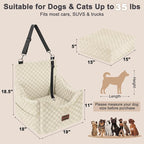 Elevated Dog Car Seat for Small/Medium Dogs up to 35 lbs, Memory Foam Booster Seat with Detachable Washable Cover, Travel-Safe Car Bed with Safety Belts & Storage Pockets, Beige
