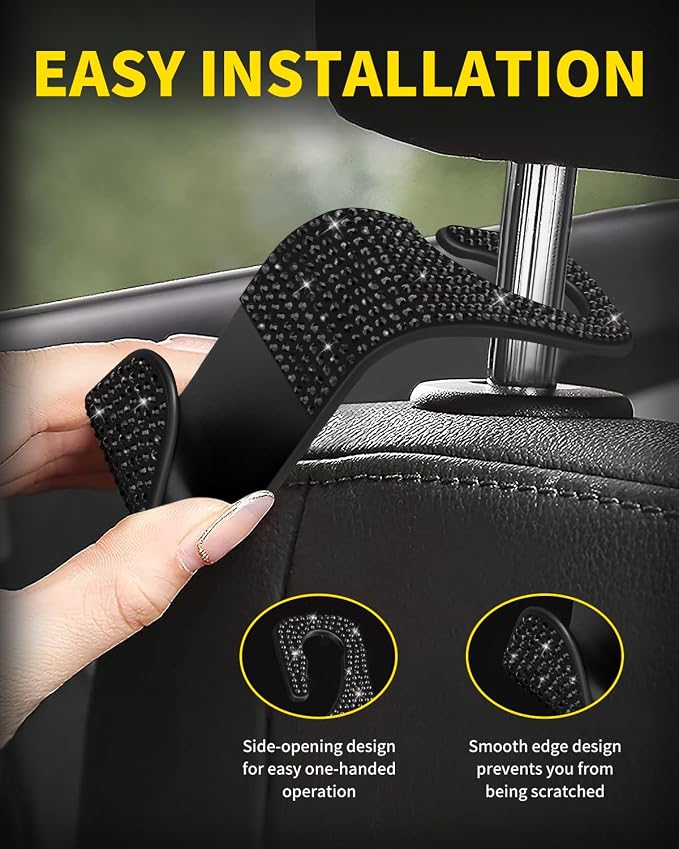 4 Pack Blink Diamond Car Seat Headrest Hooks Crystal Rhinestone Car Purse Holder Universal Interior Accessories for Handbags, Water Bottles, Coats, Umbrellas, Black