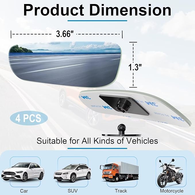 4 Pack Blind Spot Mirrors for Car, Frameless Side Mirror Blindspot Convex HD Glass Car Accessories, Side View Mirror Blindspot with Wide Angle Adjustable Stick for Cars, SUV and Trucks