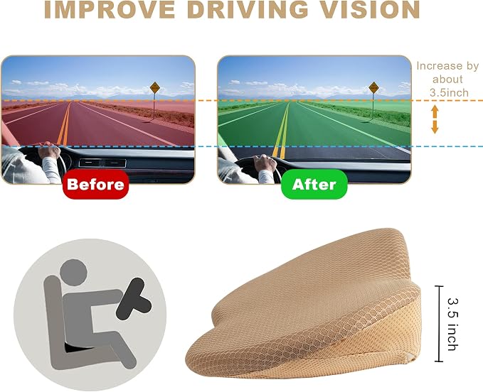 Car Seat Cushion - Memory Foam Car Seat Pad - Sciatica & Lower Back Pain Relief - Car Seat Cushions for Driving - Road Trip Essentials for Drivers(Beige)