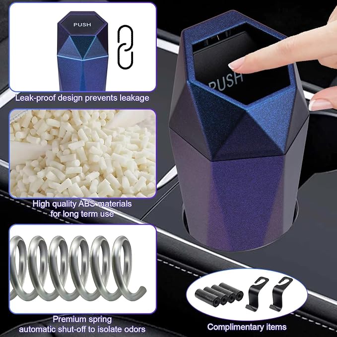 Car Trash Can, Car Trash Bin with Lid, Car Accessories for Women Interior, Car Garbage Can with Additional 2 ABS Hooks and 60pcs Trash Bags, Suitable for Home, Office, Car Organizer, Blue Purple