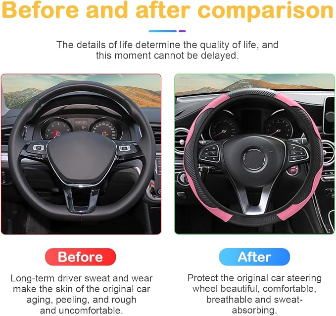 Car Steering Wheel Cover, 15 inch Carbon Fiber Microfiber PU Leather Elastic Steering Wheel Protector for Men Women, Anti-Slip Breathable Car Interior Accessories for Most Cars (Pink)