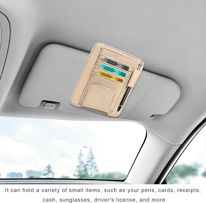 Car Sun Visor Organizer, Leather Auto Visor Card Holder with Sunglasses Clip, Multifunctional Sunvisor Storage Pouch Vehicle Interior Pocket for Driving License Pen Ticket (Beige)