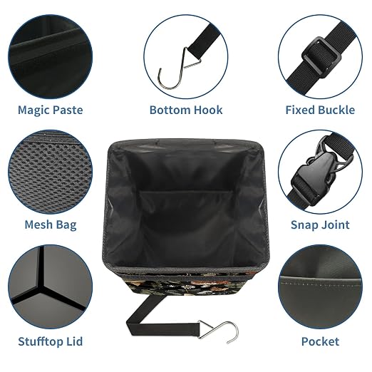 Car Trash Can with Lid Vintage Botanical Mushrooms Collapsible Reusable Leak-Proof Auto Garage Bag,Hanging Vehicle Car Accessories Interior Car Organizer