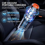 Portable Cordless Car Vacuum - 50,000Pa High-Power Brushless Motor, Rechargeable Handheld Vacuum Cleaner with 2 Batteries & Charger, 6-in-1 Vacuum Cleaners for Home, Keyboard, Pet Hair, Black