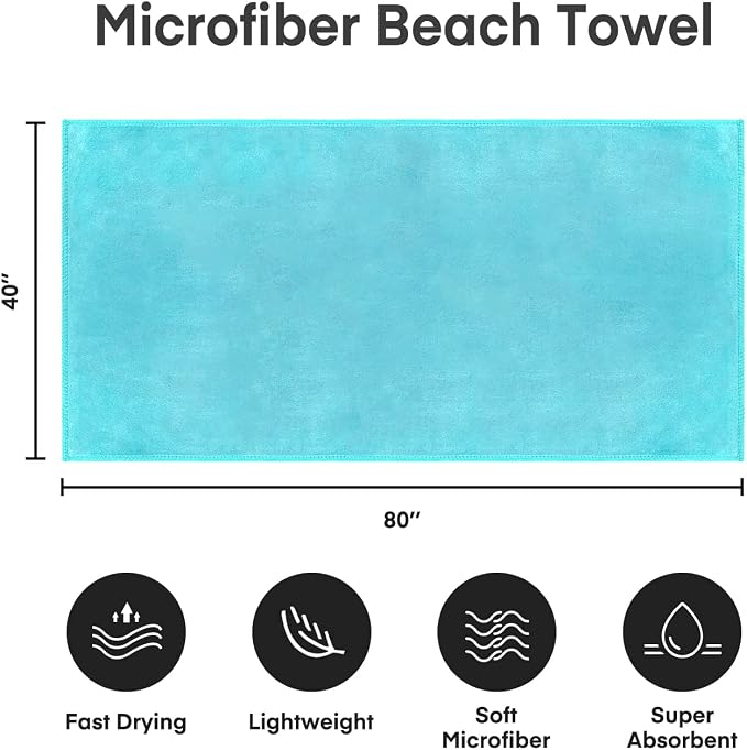 Microfiber Bath Sheet Towels, 2 Pack, 40" x 80", Aquamarine | Hanging Loop, Soft, Absorbent & Quick Dry, Lint Free, Fade Resistant, for Spa, Sauna, Swimming, Pool, Yoga